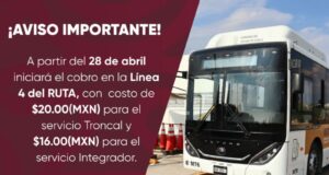 El 28 de abril, Línea 4 de RUTA arranca cobro de 20 pesos
