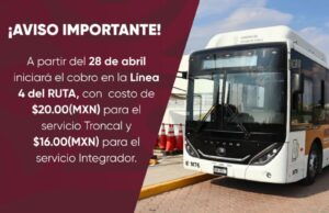 El 28 de abril, Línea 4 de RUTA arranca cobro de 20 pesos